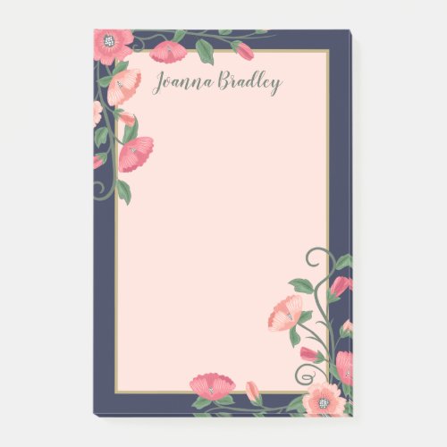 Midnight Blue Pink Floral Vines Post_it Notes
