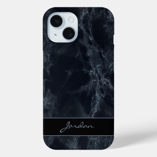 Midnight Blue Polished Marble Stone with Name iPhone 15 Case