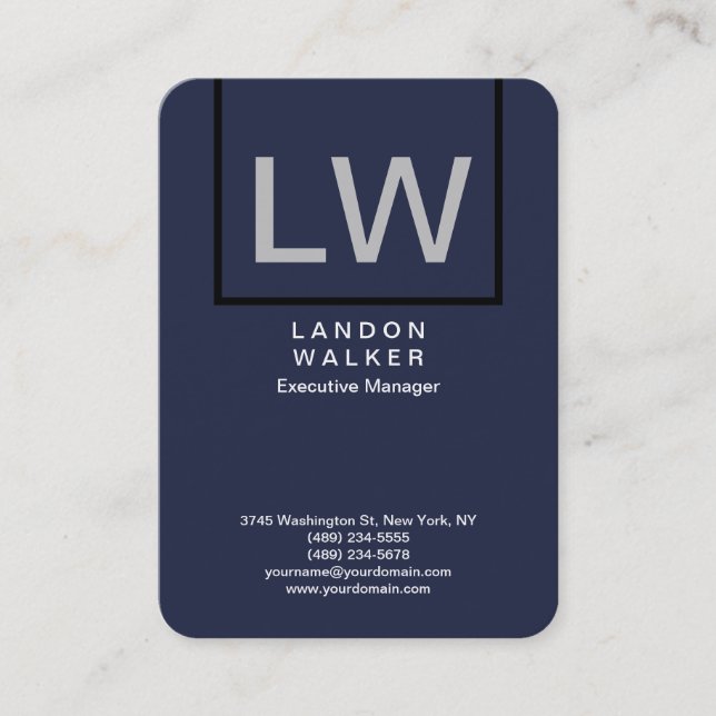 Midnight blue professional simple modern monogram business card (Front)