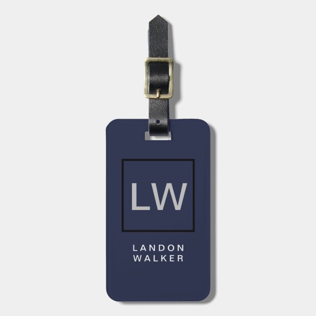 Midnight blue professional simple modern monogram luggage tag (Front Vertical)