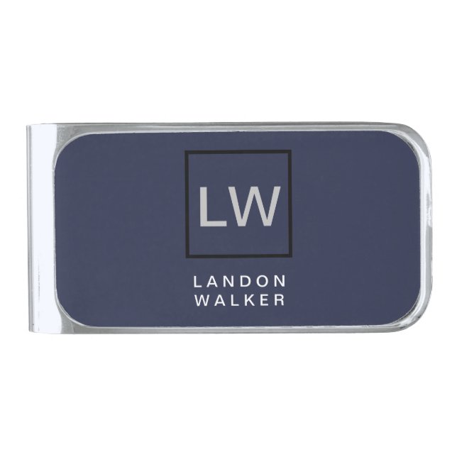 Midnight blue professional simple modern monogram silver finish money clip (Front)