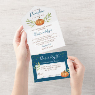 Midnight Blue Pumpkin Baby Shower & Diaper Raffle All In One Invitation
