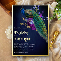 Midnight Blue Purple Floral Indian Peacock Wedding Foil Invitation