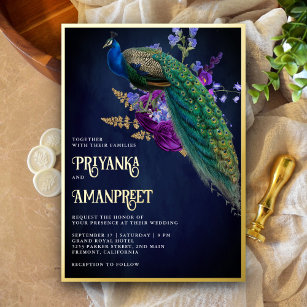 Midnight Blue Purple Floral Indian Peacock Wedding Foil Invitation