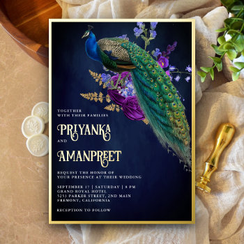 Midnight Blue Purple Floral Indian Peacock Wedding Foil Invitation by ShabzDesigns at Zazzle