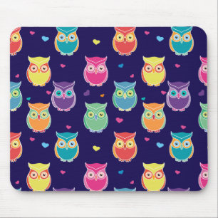 Midnight Blue Rainbow Owl Pattern Pretty Tween Mouse Pad