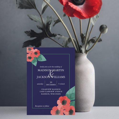 Midnight Blue Red Poppies Floral Evening Wedding Invitation