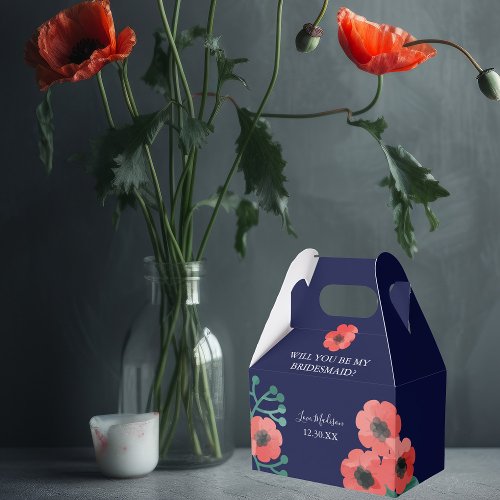 Midnight Blue Red Poppy Will You Be My Bridesmaid Favor Boxes