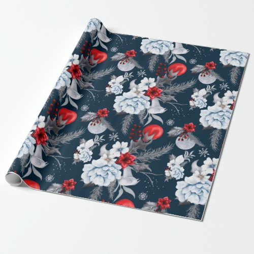 Midnight Blue Red Silver Grey Foliage Holiday Wrapping Paper