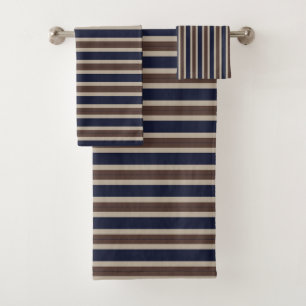 Midnight Blue, Rock Brown and gray stripes Bath Towel Set