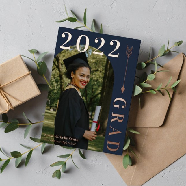 Midnight Blue Rose Gold Arch & Arrow Graduation Foil Invitation (Creator Uploaded)