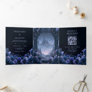 Midnight Blue Rose Gothic Castle Wedding Tri-Fold Invitation