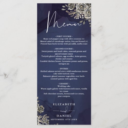 Midnight Blue Roses Floral Gothic Wedding Dinner Menu