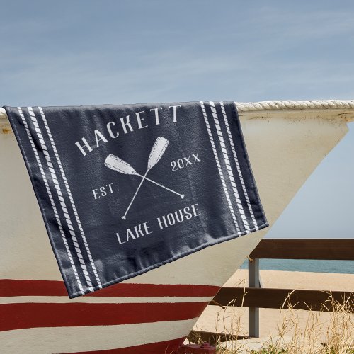 Midnight Blue Rustic Oars Personalized Lake House Beach Towel