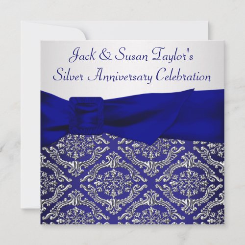 Midnight Blue Silver Damask 25th Anniversary Party Invitation