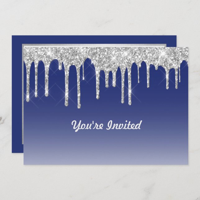 Midnight Blue Silver Glitter Drip Graphic Birthday Invitation (Front/Back)