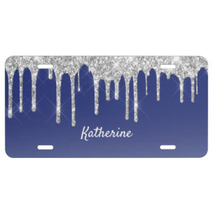 Midnight Blue Silver Glitter Drip Graphic License Plate