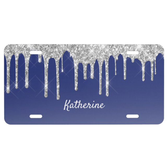 Midnight Blue Silver Glitter Drip Graphic License Plate (Front)