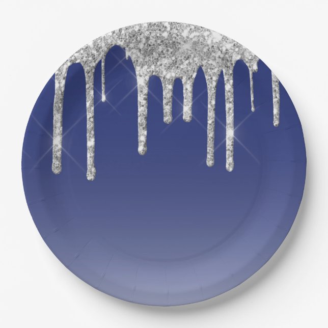 Midnight Blue Silver Glitter Drip Graphic Paper Plates (Front)