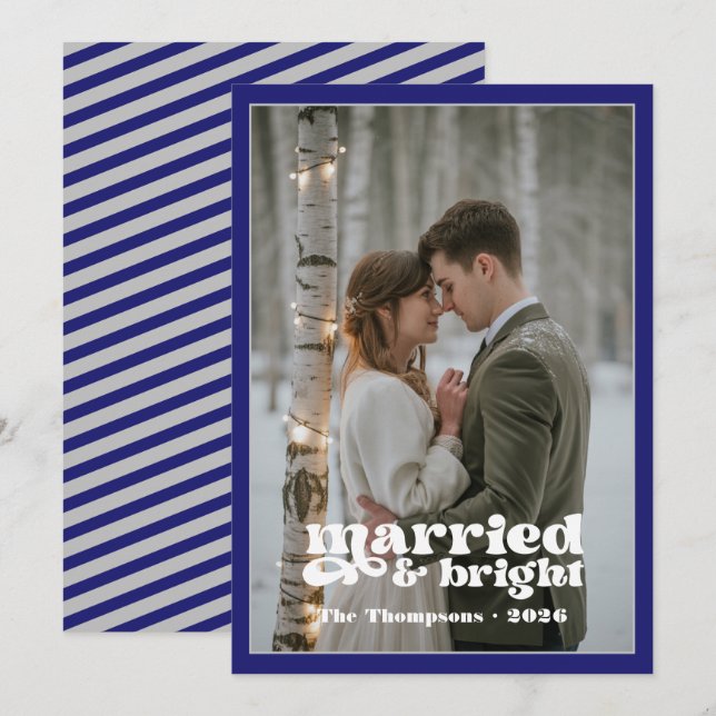 Midnight Blue & Silver Newlyweds Christmas Holiday Card (Front/Back)