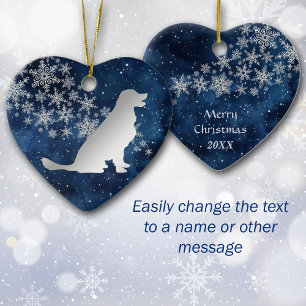 Midnight Blue Silver Snowflake Golden Retriever Ceramic Ornament