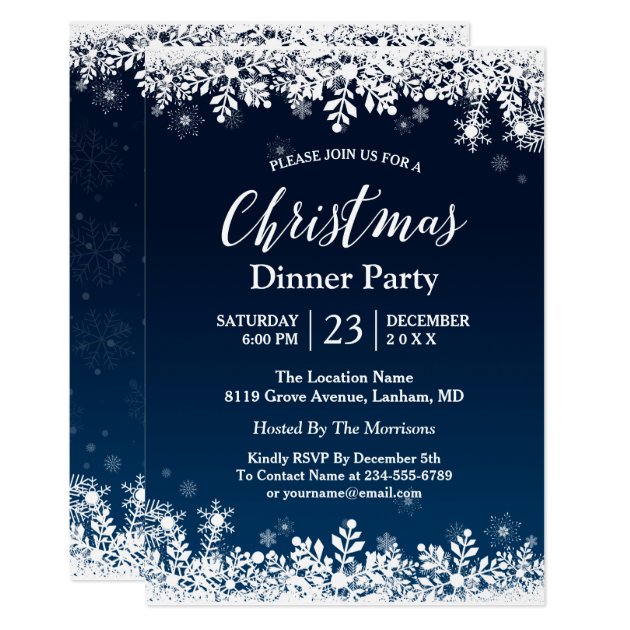 Midnight Blue Snowflakes White Christmas Party Invitation