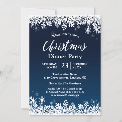 Midnight Blue Snowflakes White Christmas Party Card