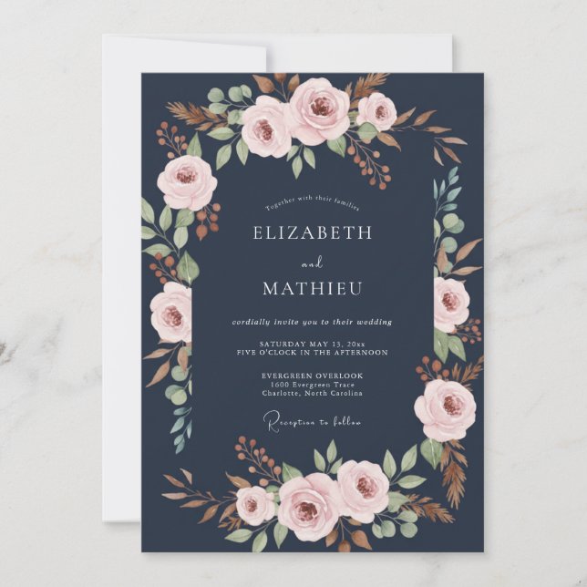 Midnight Blue Sophisticated Botanical Wedding Invitation (Front)