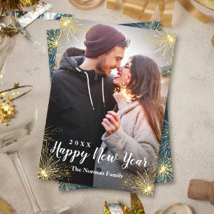 Midnight Blue Sparkle Happy New Year Photo Holiday Card