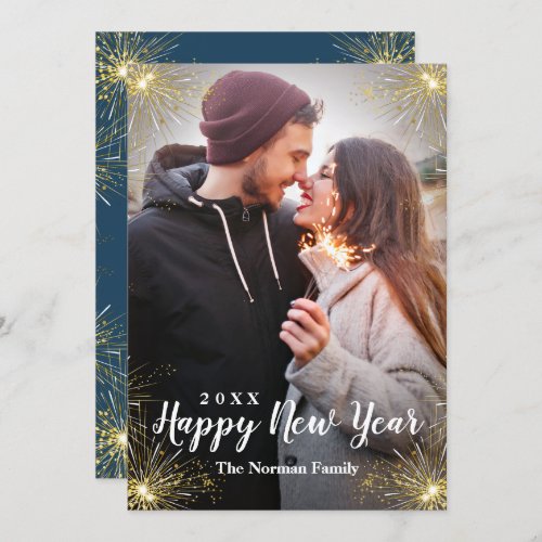 Midnight Blue Sparkle Happy New Year Photo Holiday Card