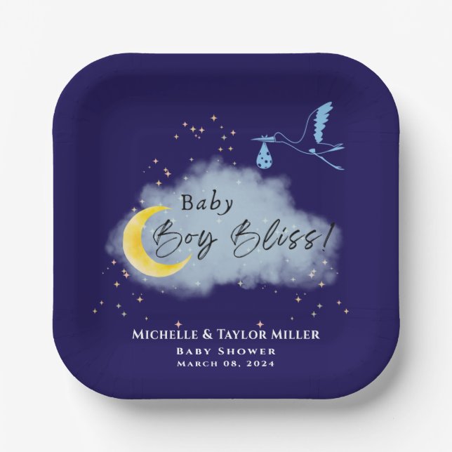 Midnight Blue Starlit Baby Boy Bliss Stork  Paper Plates (Front)