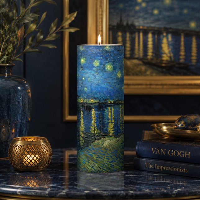 Midnight Blue Starry River Impressionist Art Pillar Candle (Creator Uploaded)