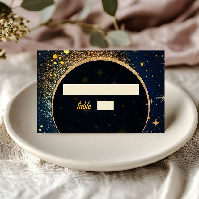 Midnight Blue Stars Moon celestial Halo wedding Place Card (Creator Uploaded)
