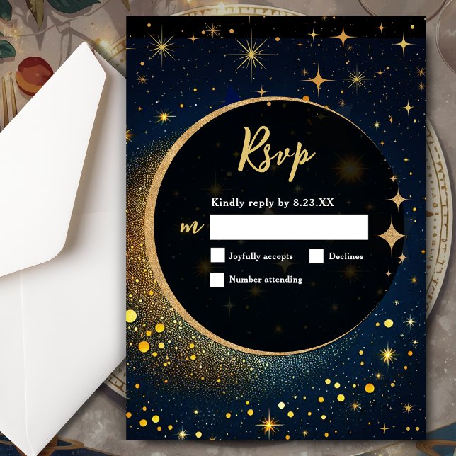 Midnight Blue Stars Moon celestial Halo wedding RSVP Card (Creator Uploaded)