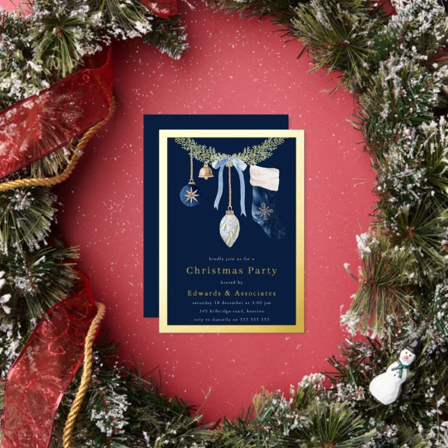 Midnight Blue Stocking Christmas Party Gold Foil Invitation (Insitu)