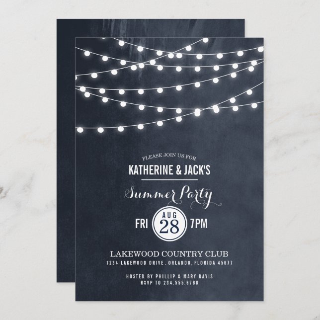 Midnight Blue String Lights Summer Party Invite (Front/Back)