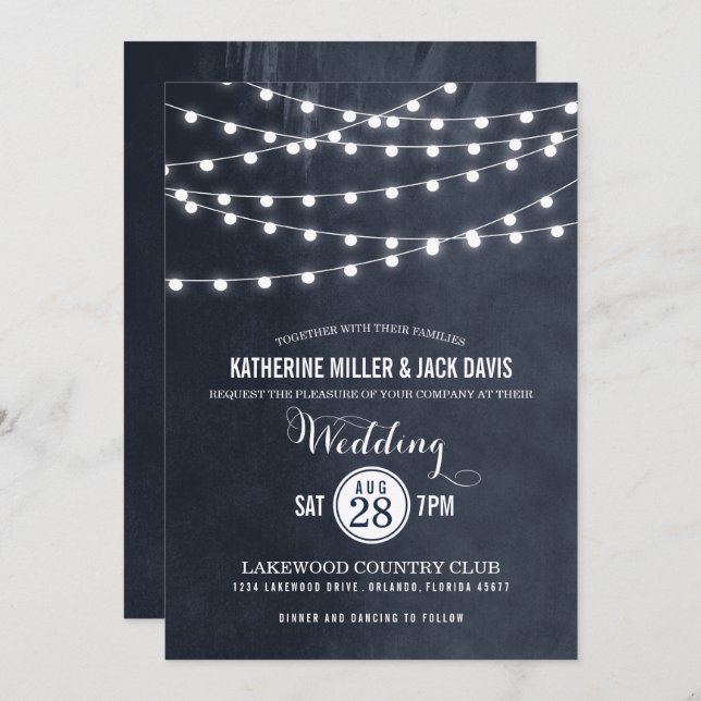 Midnight Blue String Lights Wedding Invitation (Front/Back)