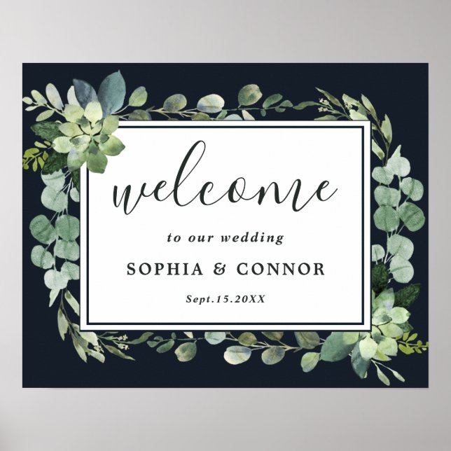 Midnight Blue Succulent Wedding Welcome Sign (Front)