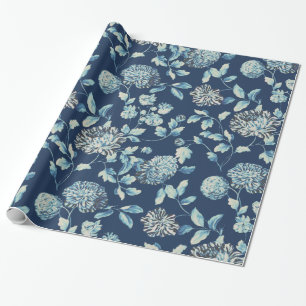 Midnight Blue Tansy Modern Vintage Floral Toile Wrapping Paper