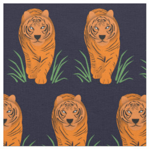 Midnight Blue Tigers prowling in the Grass  Fabric