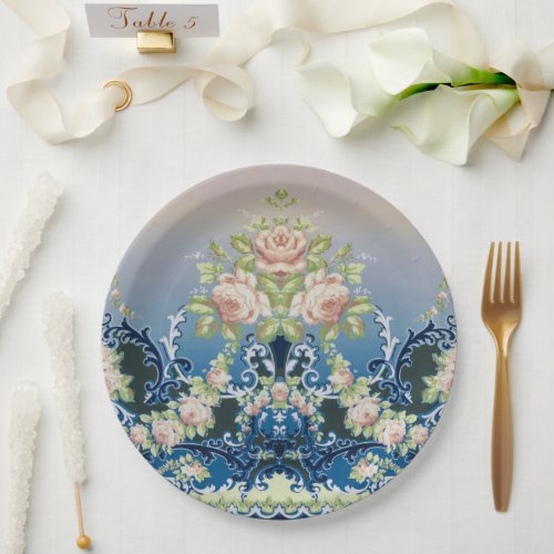 Midnight Blue Trellis Pink White Bouquets Roses Paper Plates