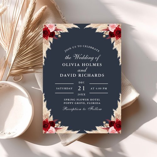 Midnight Blue Tropical Roses Wedding Invitation