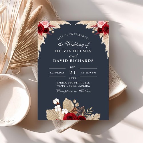 Midnight Blue Tropical Roses Wedding Invitation