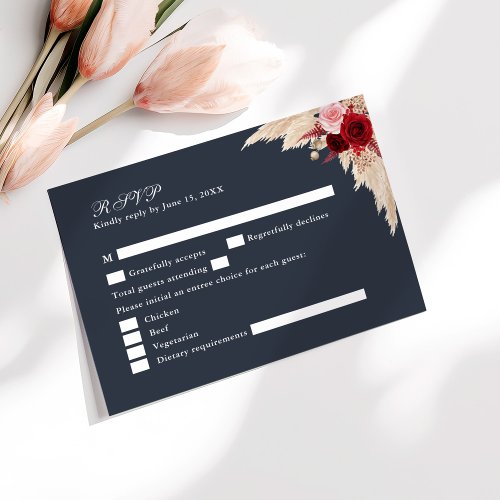 Midnight Blue Tropical Roses Wedding RSVP Card