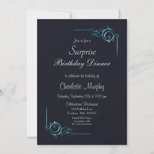 Midnight Blue & Turquoise Surprise Birthday Dinner Invitation (Front)