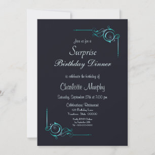 Midnight Blue & Turquoise Surprise Birthday Dinner Invitation