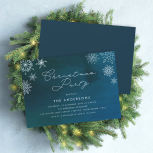 Midnight Blue Watercolor Snowflake Christmas Party Invitation