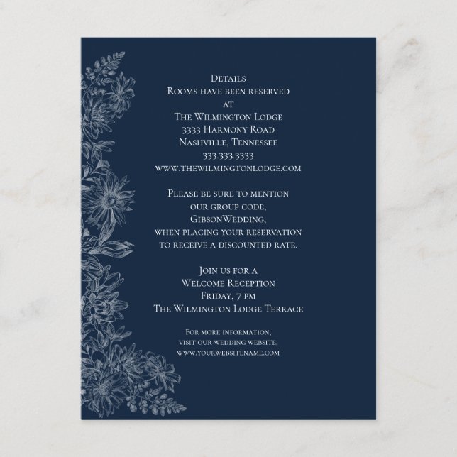 Midnight Blue White Floral Wedding Details   Enclosure Card (Front)
