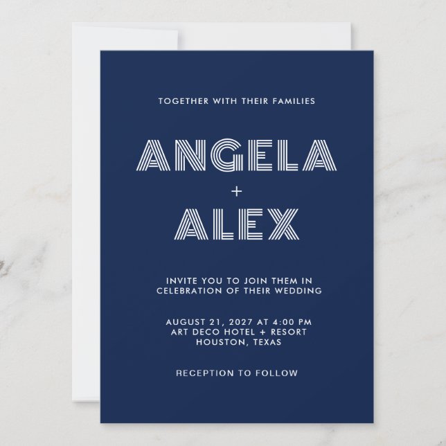Midnight Blue White Geometric Retro Names Wedding Invitation (Front)