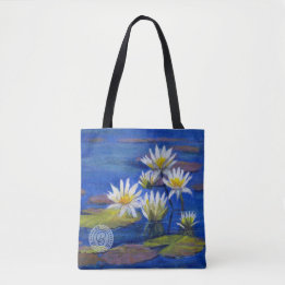 Midnight Blue, White Lily Flowers Tote Design